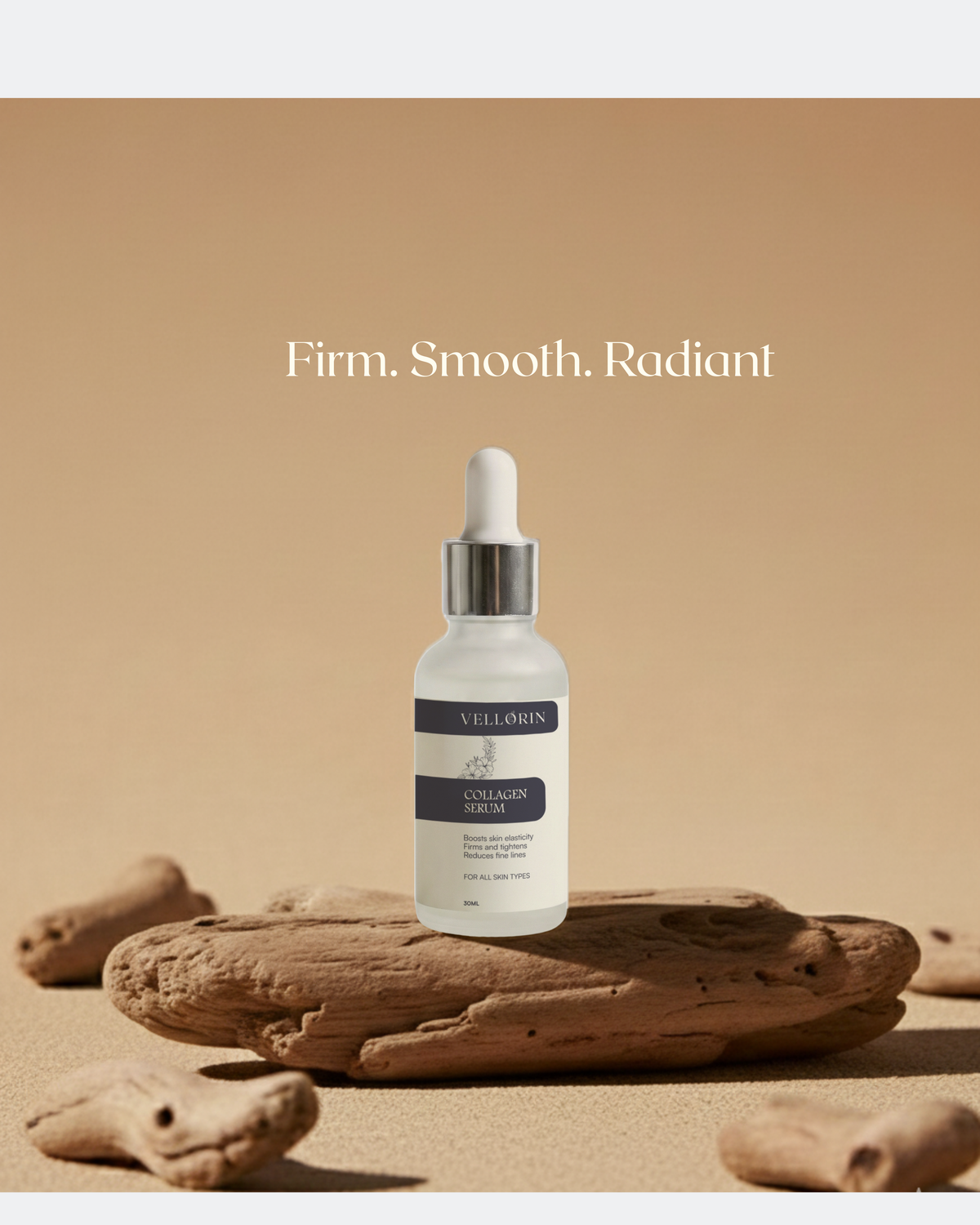Vellorin Collagen Serum bottle on a wooden platform with Firm Smooth Radiant text