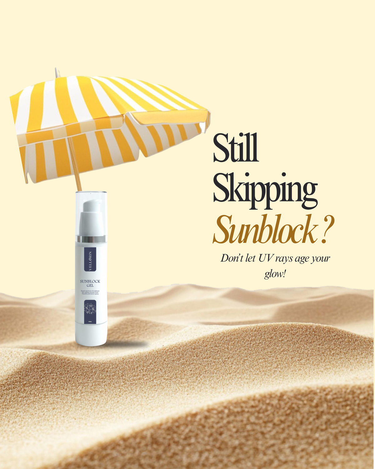 Vellorin Gel Sunblock SPF 50 on a beach with a striped umbrella