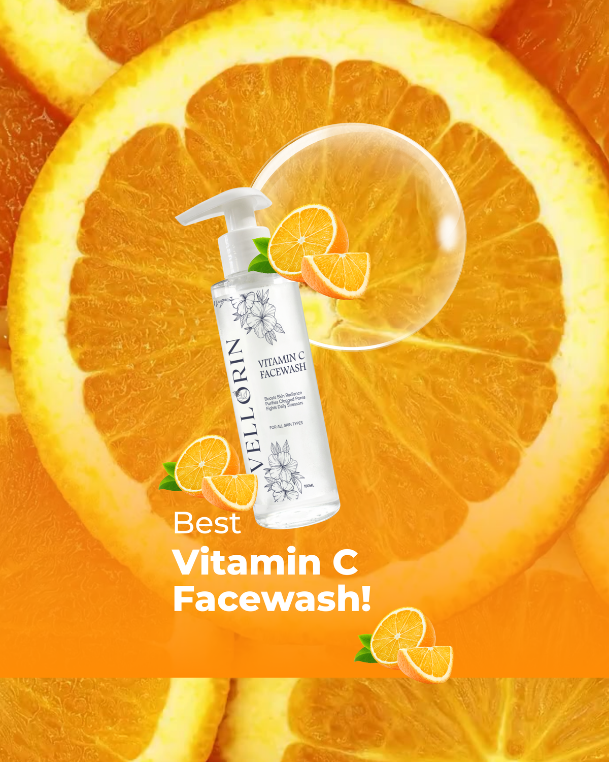 Vellorin Vitamin C Facewash with orange slices on an orange background