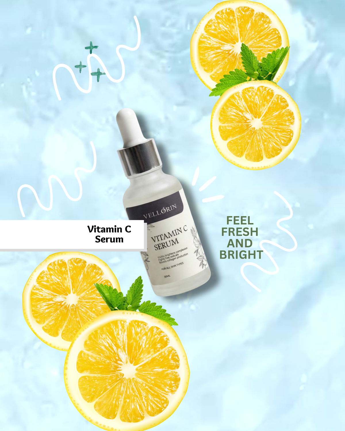 Vellorin Vitamin C Serum with orange slices on a light blue background